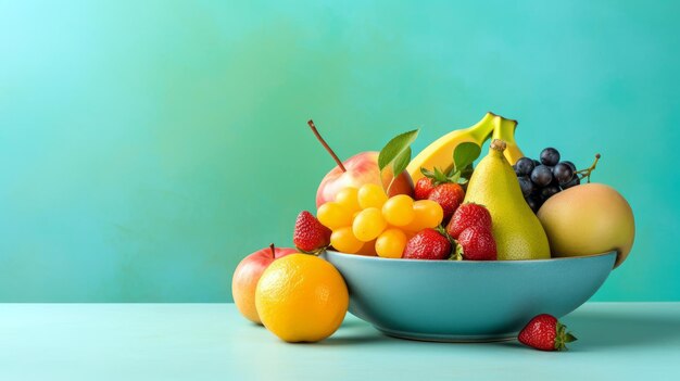 A bowl of fruit on a blue table