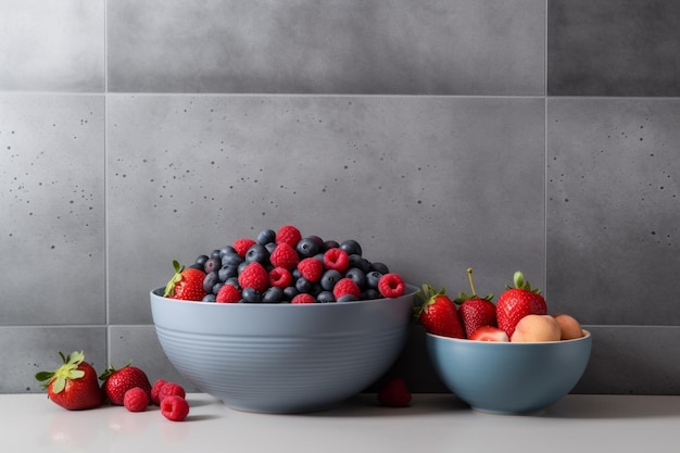 A bowl of fruit and a bowl of blueberries