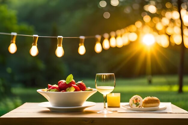 A bowl of fruit and a bowl of fruit on a table with a plate of food and a glass of wine.