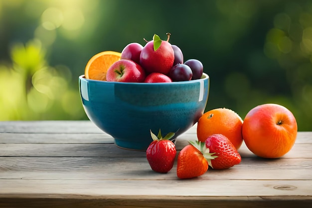 A bowl of fruit and a bowl of fruit on a table