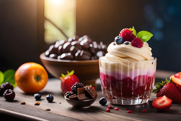 A bowl of fruit and a bowl of whipped cream with berries on the table.