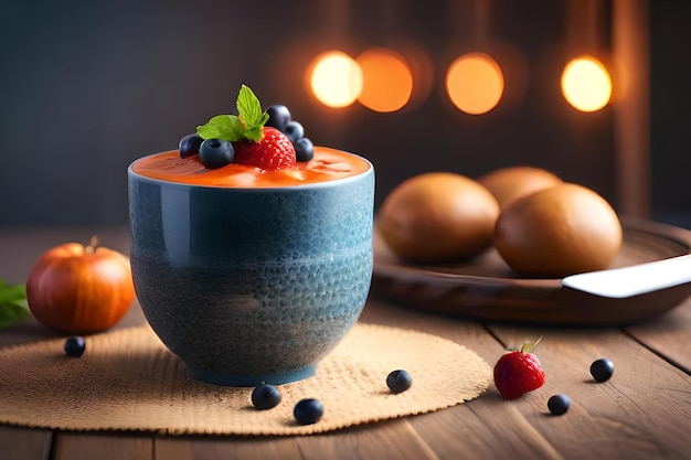 A bowl of fruit and a bowl of yogurt with berries on the table