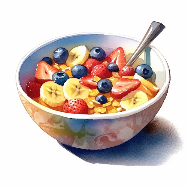 Bowl of fruit and cereal with a spoon in it generative ai