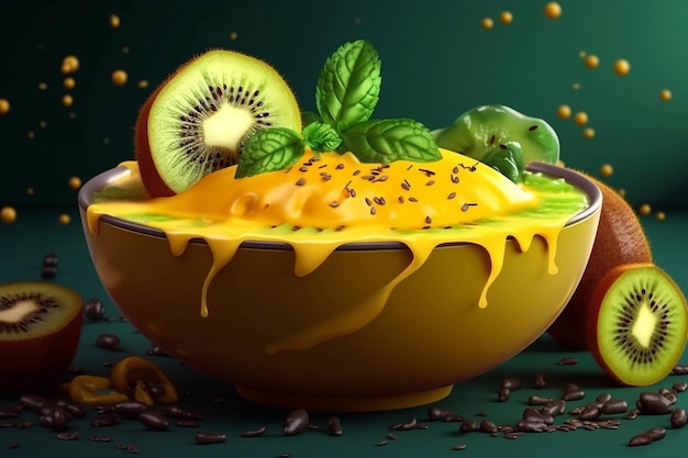 A bowl of fruit and cream with a green background.