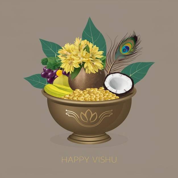 Photo a bowl of fruit and flowers with a picture of a flower vishu social media poster