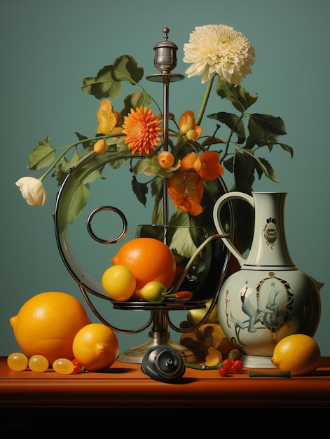 A bowl of fruit and flowers with a vase with a picture of a vase with a flower on it.