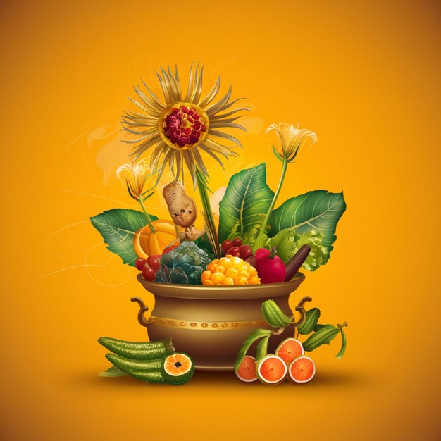 a bowl of fruit and flowers with a yellow background