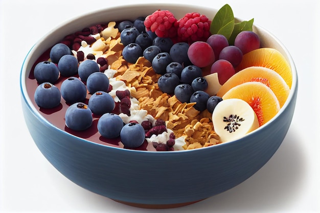 A bowl of fruit and granola with a blueberry on the side.
