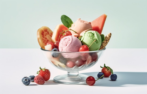 A bowl of fruit ice cream with a blue background and the word ice cream on it.