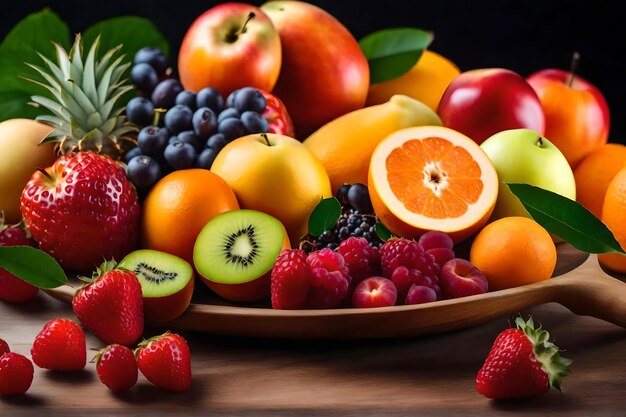 A bowl of fruit including a fruit and a kiwi