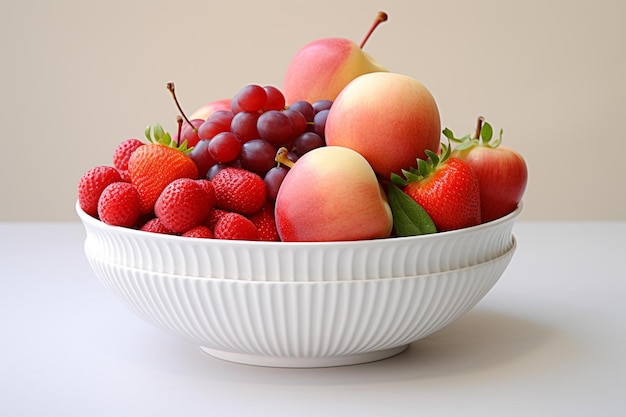 A bowl of fruit including strawberries, raspberries, and a strawberries.