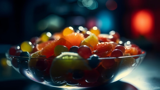 Foto una ciotola di frutta è piena di una varietà di frutti.