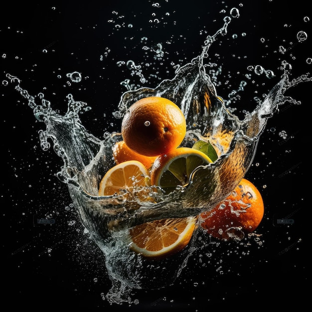 A bowl of fruit is filled with water and has the word orange on it.