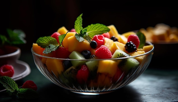 A bowl of fruit is on a table with a spoon.