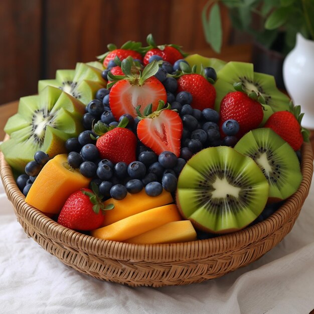 A bowl of fruit is on a table with a vase in the background.