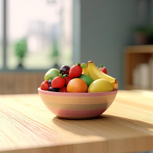 A bowl of fruit is on a table with a window in the background.