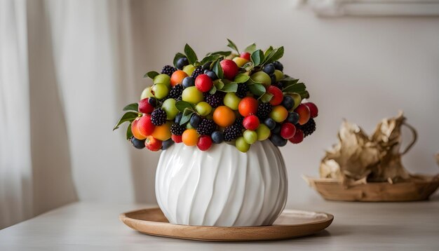 a bowl of fruit is on a wooden tray with a fruit bowl on it