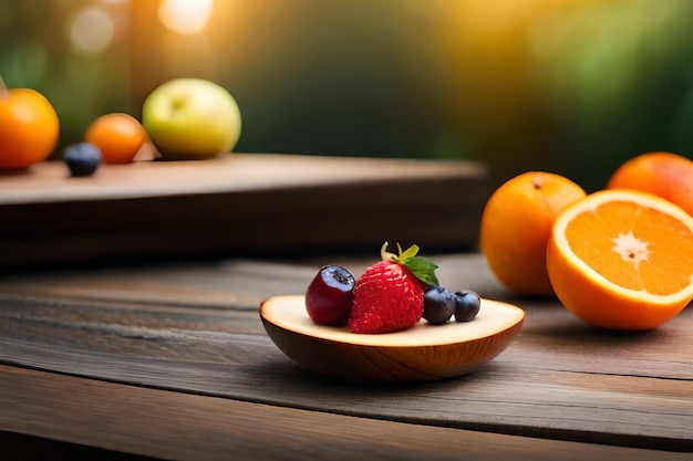 Foto una ciotola di frutta e arance con una di loro con delle fragole.