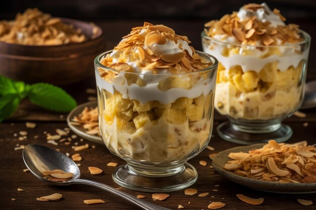 A bowl of fruit parfait with almonds and almonds on a wooden table.