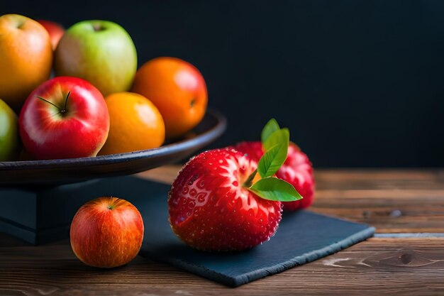 A bowl of fruit and a plate of strawberries on a wooden table