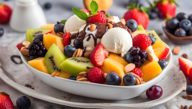 Photo a bowl of fruit salad with a banana and chocolate ice cream