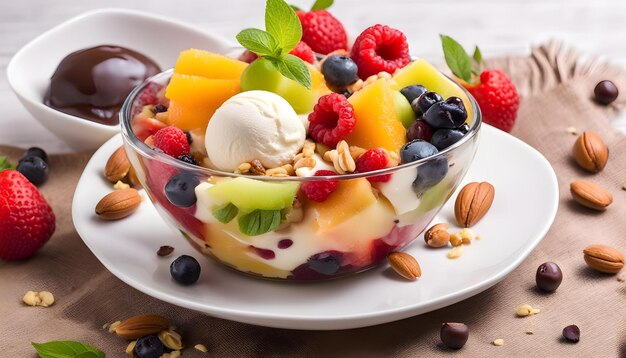 Photo a bowl of fruit salad with berries and almonds