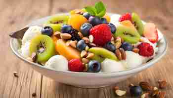 Photo a bowl of fruit salad with berries and kiwi on a wooden table