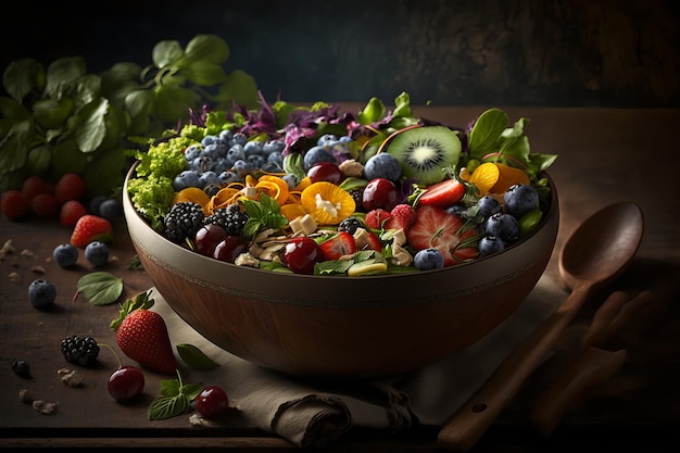 A bowl of fruit salad with a blueberry and kiwi on the side.