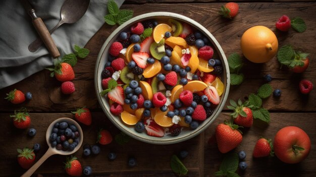 A bowl of fruit salad with a bowl of fruit on the side