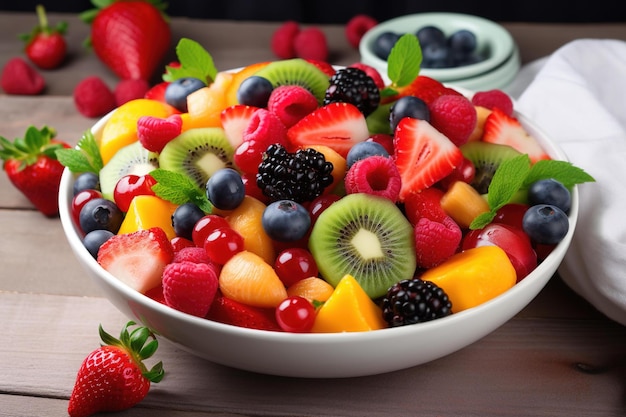 A bowl of fruit salad with a bowl of fruit on the table