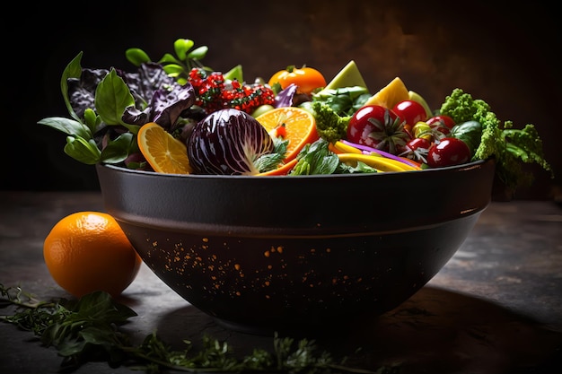 A bowl of fruit salad with a dark background