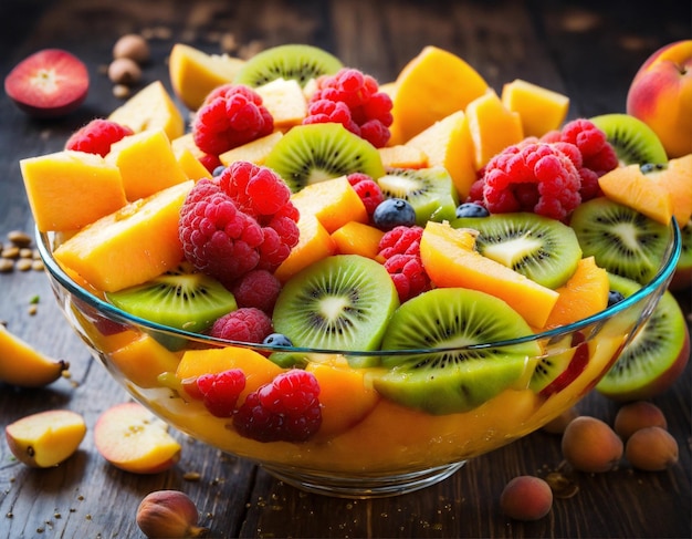 A bowl of fruit salad with kiwi