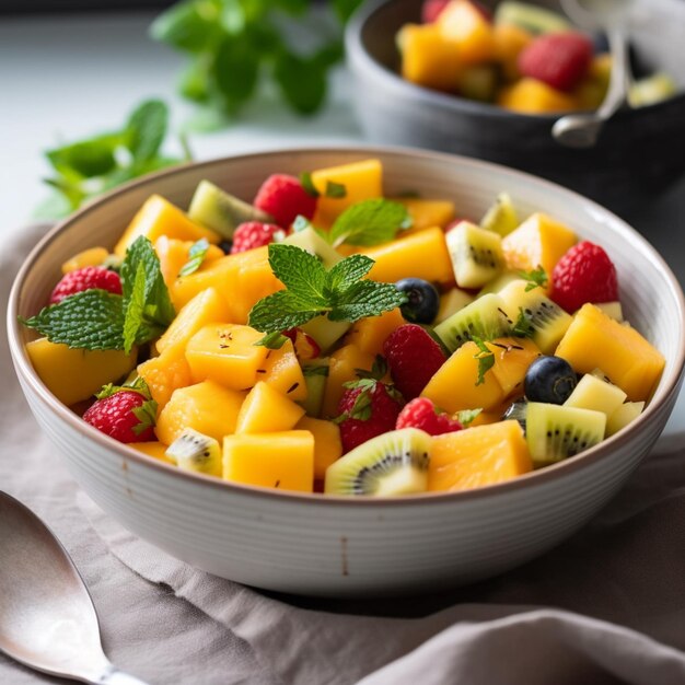 A bowl of fruit salad with mint leaves and strawberries.