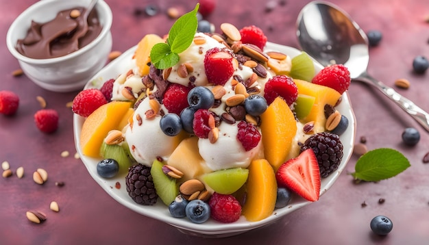 Photo a bowl of fruit salad with a spoon and a spoon