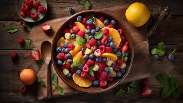 A bowl of fruit salad with a spoon on a wooden table.