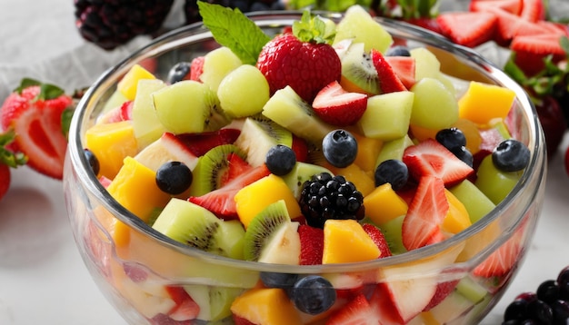 A bowl of fruit salad with strawberries blueberries kiwi and watermelon