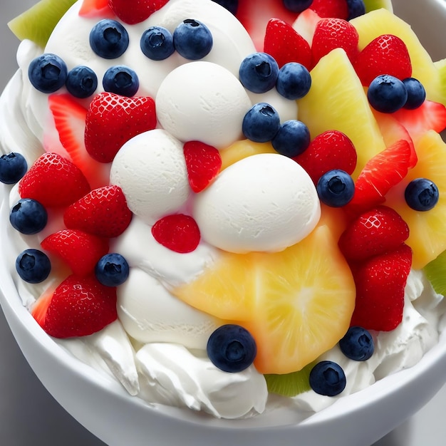 A bowl of fruit salad with strawberries, blueberries, and strawberries