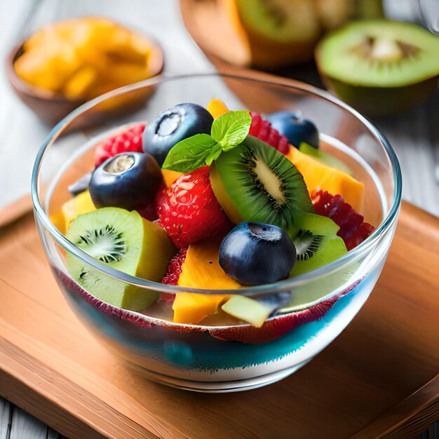 A bowl of fruit salad with a strawberries and kiwi on top.