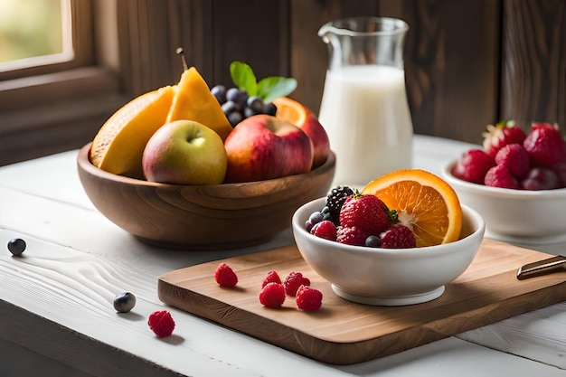 A bowl of fruit sits next to a bowl of fruit