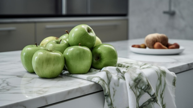 A bowl of fruit sits on a kitchen counter next to a plate of food.