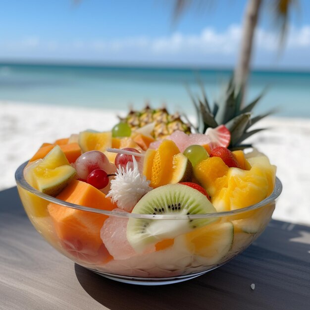 Photo a bowl of fruit sits on a table on a beach.