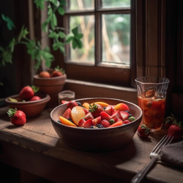 A bowl of fruit sits on a table next to a glass of tea.