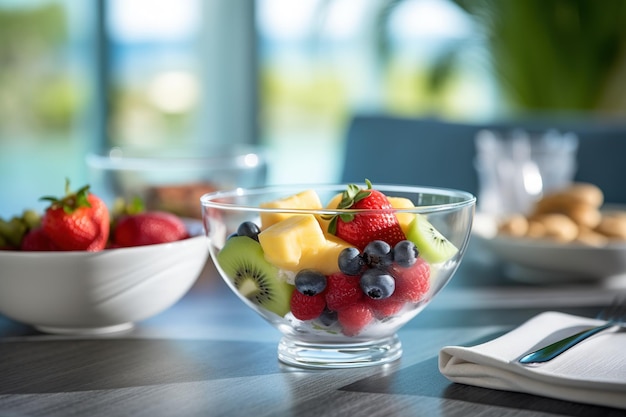 A bowl of fruit sits on a table with a bowl of fruit on it.