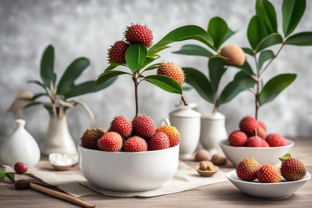 a bowl of fruit sits on a table with a plant in it