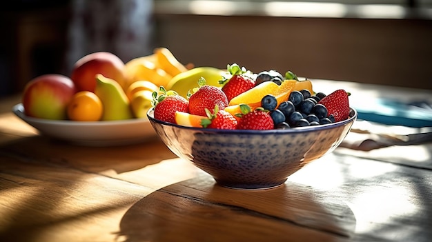 A bowl of fruit sits on a table with a plate of fruit in the background.