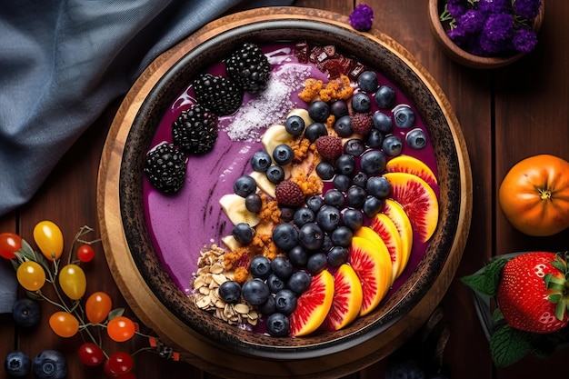 A bowl of fruit smoothie with blueberries, bananas, and granola