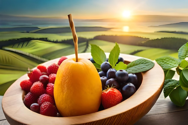 Foto una ciotola di frutta e un tramonto sullo sfondo