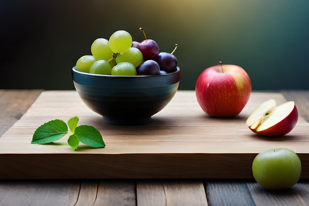 측면에 녹색 사과와 빨간 사과가 있는 테이블에 있는 과일 한 그릇.