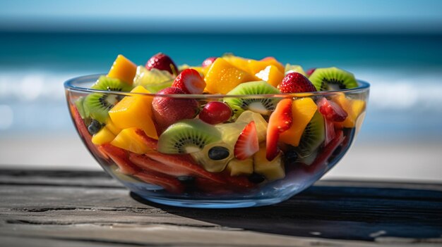 A bowl of fruit on a table with the ocean in the background