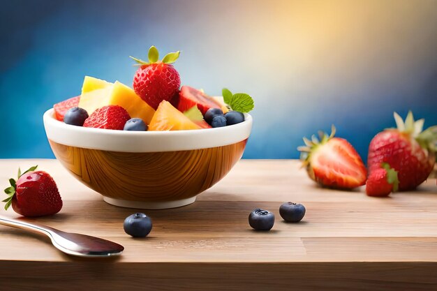 A bowl of fruit on a table with a spoon in the background